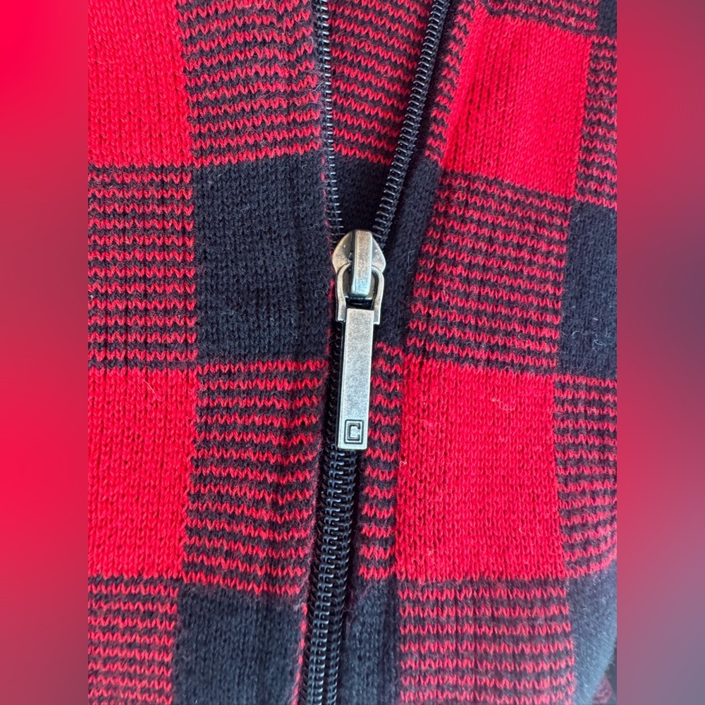 Red Black Buffalo Plaid Jacket Asymmetrical Zip Knit Small Petite - Picture 5 of 7